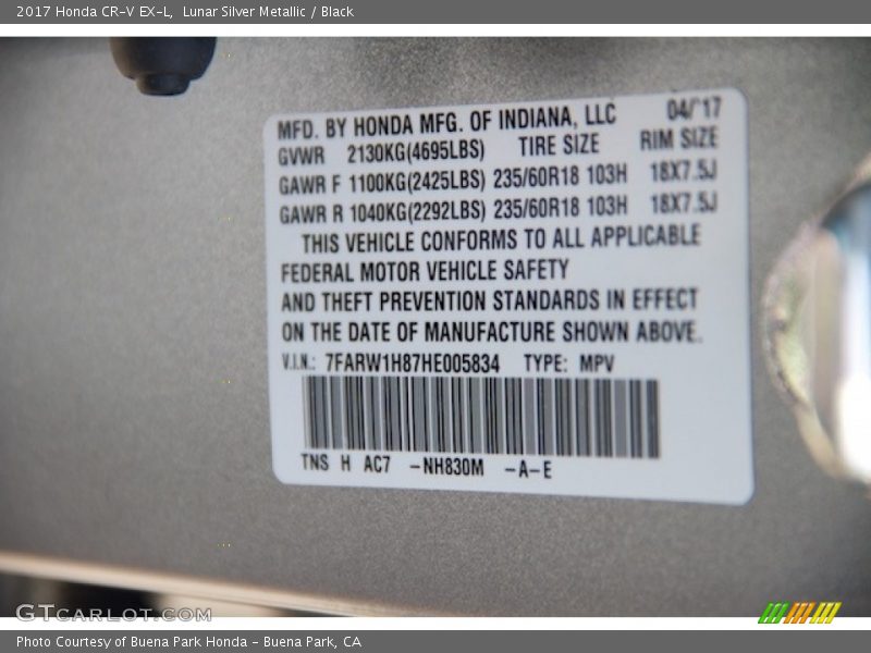 Lunar Silver Metallic / Black 2017 Honda CR-V EX-L