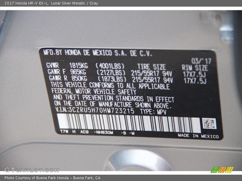 Lunar Silver Metallic / Gray 2017 Honda HR-V EX-L