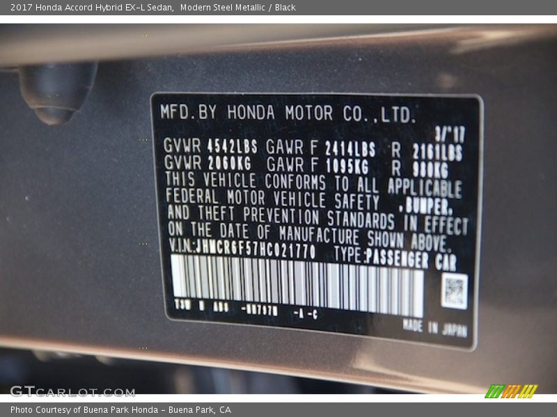 Modern Steel Metallic / Black 2017 Honda Accord Hybrid EX-L Sedan