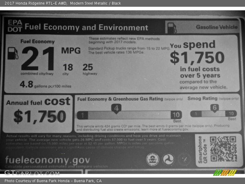 Modern Steel Metallic / Black 2017 Honda Ridgeline RTL-E AWD