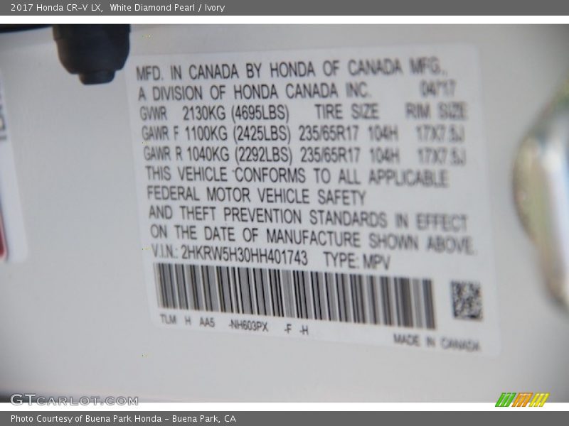 White Diamond Pearl / Ivory 2017 Honda CR-V LX