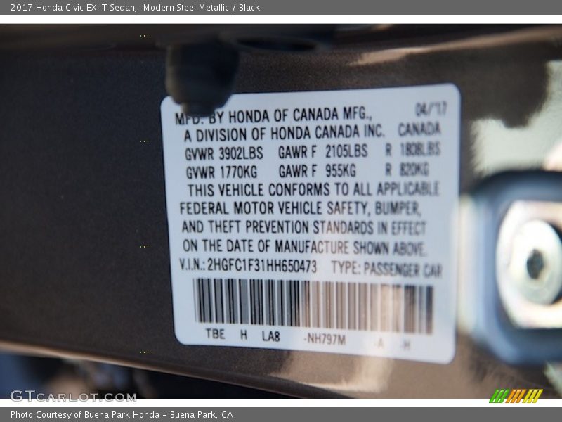 Modern Steel Metallic / Black 2017 Honda Civic EX-T Sedan