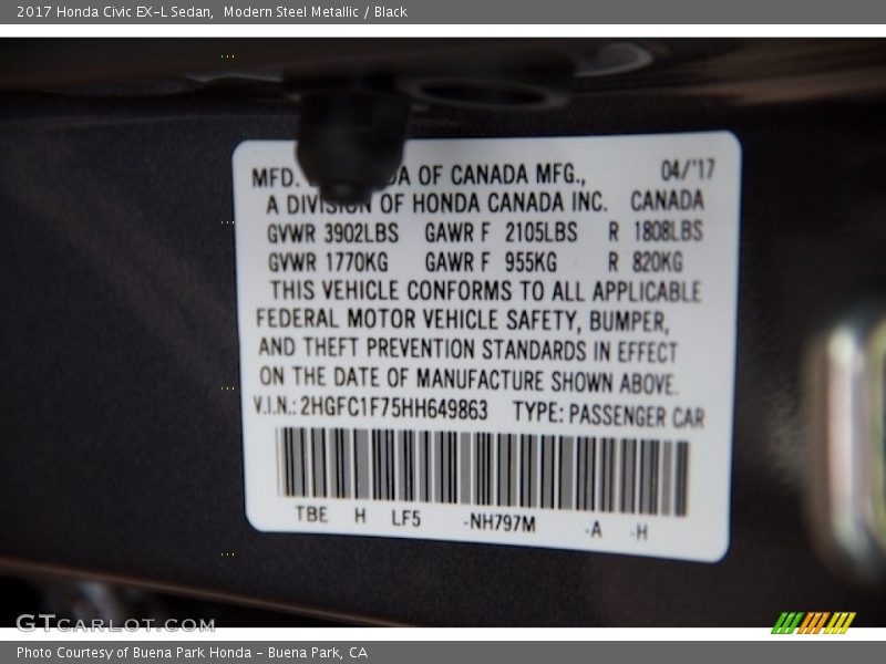 Modern Steel Metallic / Black 2017 Honda Civic EX-L Sedan