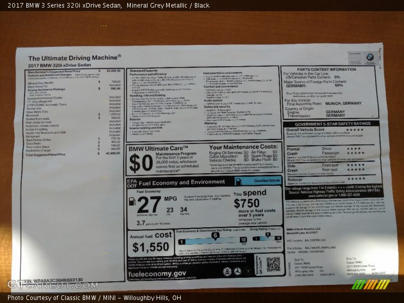 Mineral Grey Metallic / Black 2017 BMW 3 Series 320i xDrive Sedan