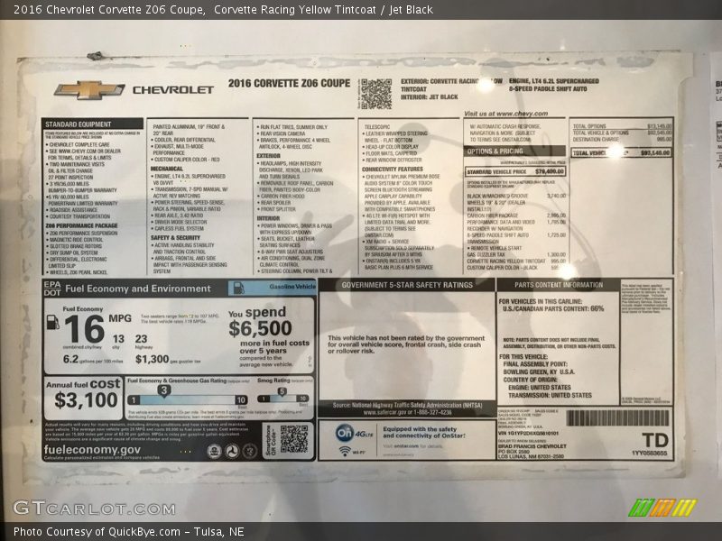  2016 Corvette Z06 Coupe Window Sticker