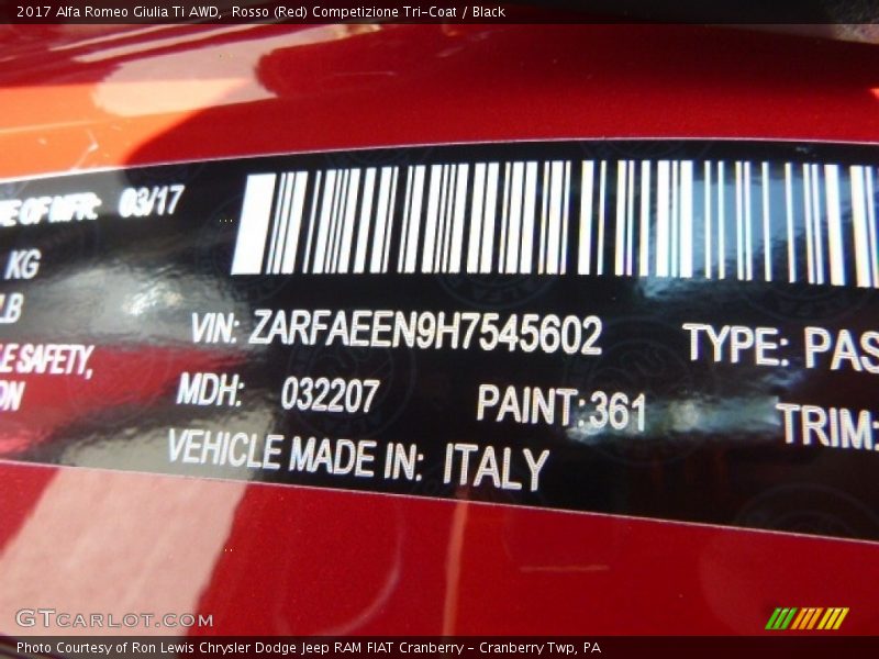 2017 Giulia Ti AWD Rosso (Red) Competizione Tri-Coat Color Code 361
