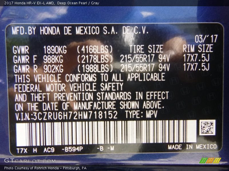 2017 HR-V EX-L AWD Deep Ocean Pearl Color Code B594P