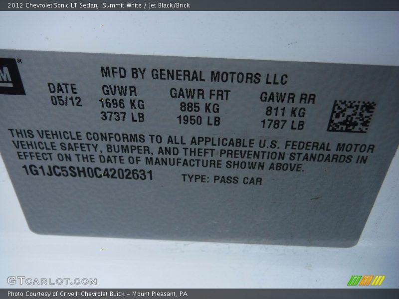 Summit White / Jet Black/Brick 2012 Chevrolet Sonic LT Sedan