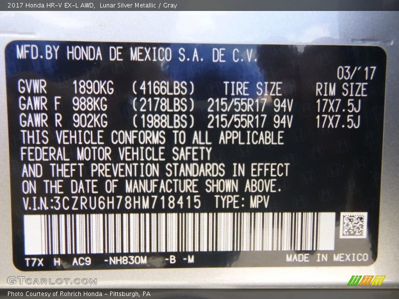 Lunar Silver Metallic / Gray 2017 Honda HR-V EX-L AWD
