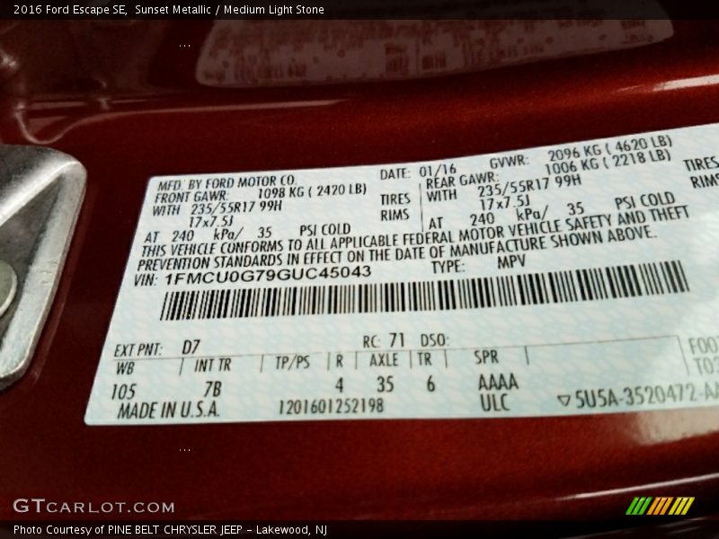 Sunset Metallic / Medium Light Stone 2016 Ford Escape SE
