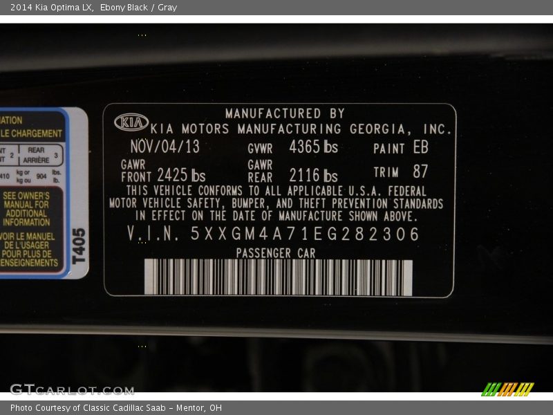 Ebony Black / Gray 2014 Kia Optima LX