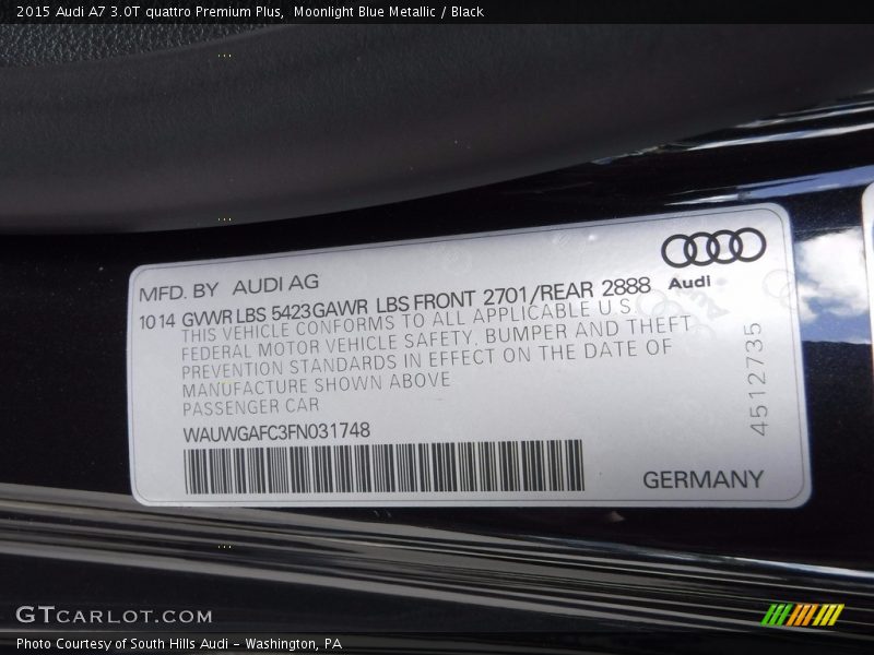 Moonlight Blue Metallic / Black 2015 Audi A7 3.0T quattro Premium Plus