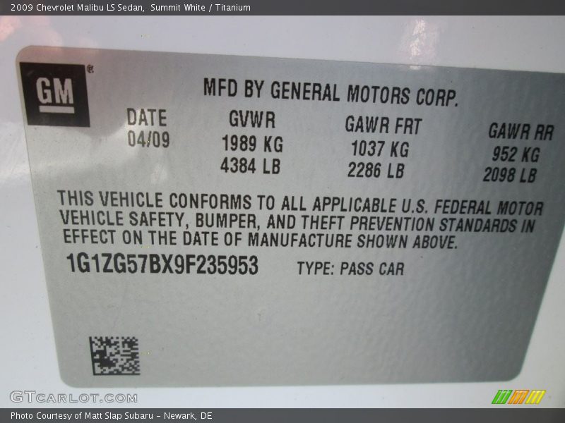 Summit White / Titanium 2009 Chevrolet Malibu LS Sedan