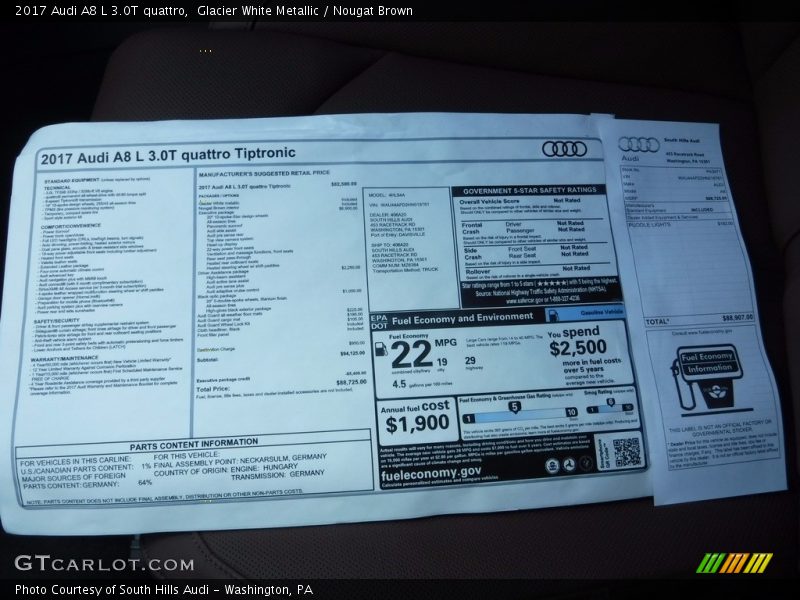  2017 A8 L 3.0T quattro Window Sticker
