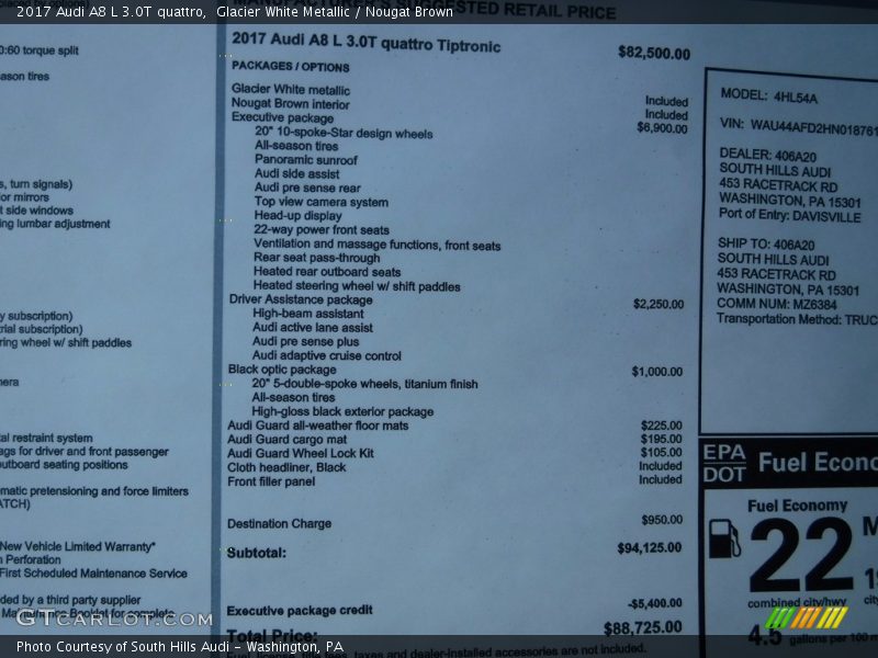  2017 A8 L 3.0T quattro Window Sticker