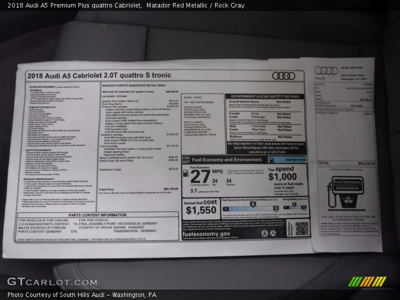  2018 A5 Premium Plus quattro Cabriolet Window Sticker