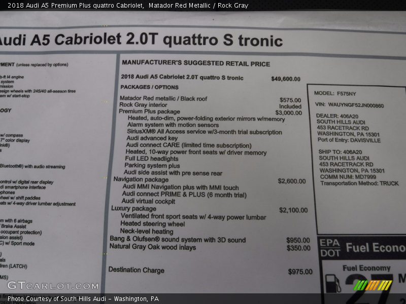  2018 A5 Premium Plus quattro Cabriolet Window Sticker