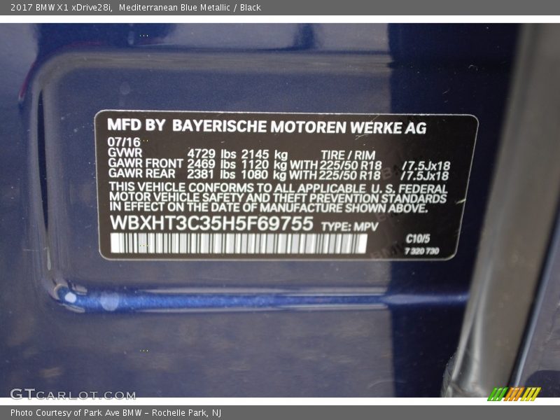 2017 X1 xDrive28i Mediterranean Blue Metallic Color Code C10