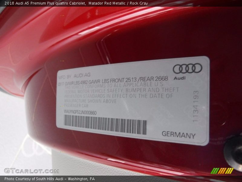 Matador Red Metallic / Rock Gray 2018 Audi A5 Premium Plus quattro Cabriolet