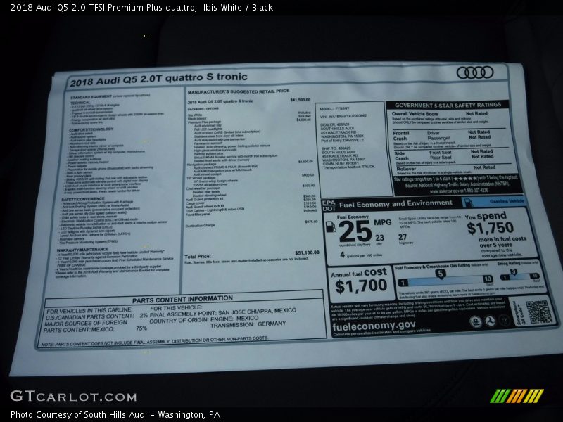  2018 Q5 2.0 TFSI Premium Plus quattro Window Sticker