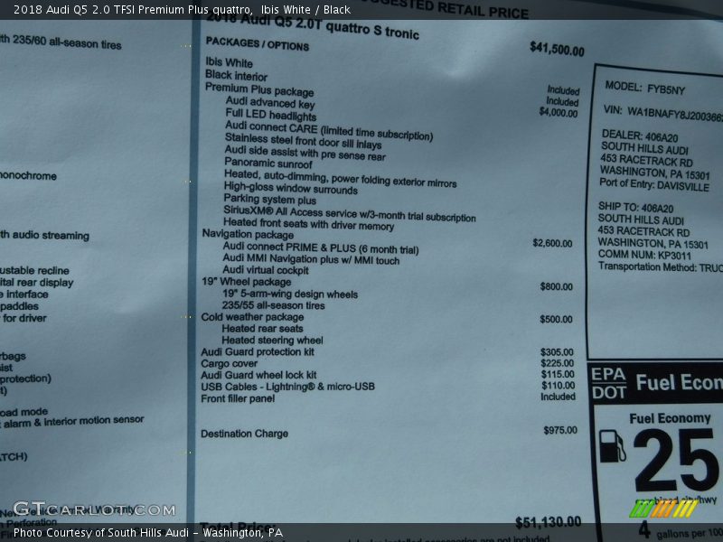  2018 Q5 2.0 TFSI Premium Plus quattro Window Sticker