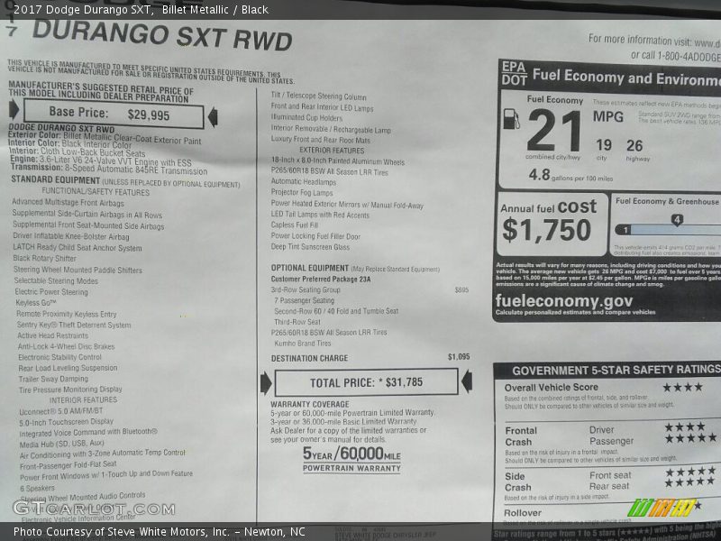 Billet Metallic / Black 2017 Dodge Durango SXT