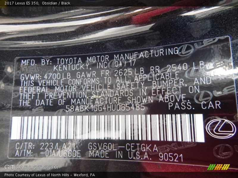 Obsidian / Black 2017 Lexus ES 350