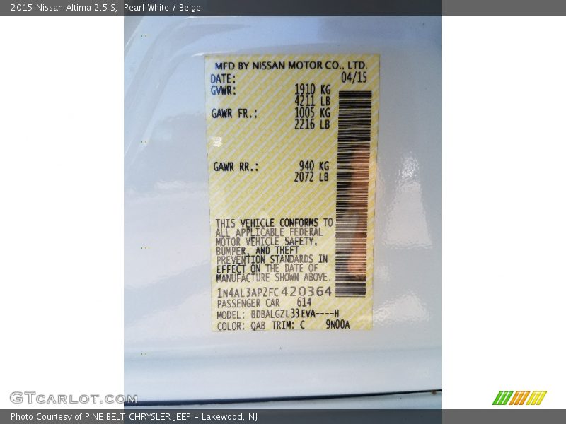 Pearl White / Beige 2015 Nissan Altima 2.5 S