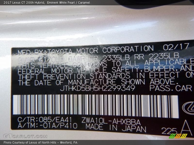 Eminent White Pearl / Caramel 2017 Lexus CT 200h Hybrid