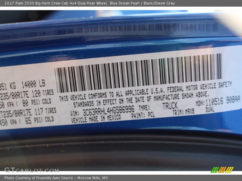 Blue Streak Pearl / Black/Diesel Gray 2017 Ram 3500 Big Horn Crew Cab 4x4 Dual Rear Wheel