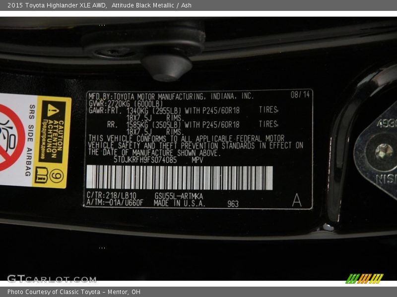 Attitude Black Metallic / Ash 2015 Toyota Highlander XLE AWD