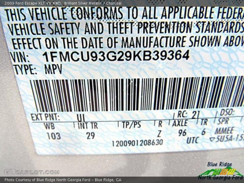Brilliant Silver Metallic / Charcoal 2009 Ford Escape XLT V6 4WD