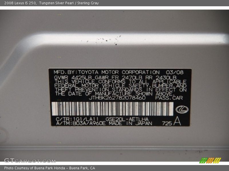 Tungsten Silver Pearl / Sterling Gray 2008 Lexus IS 250