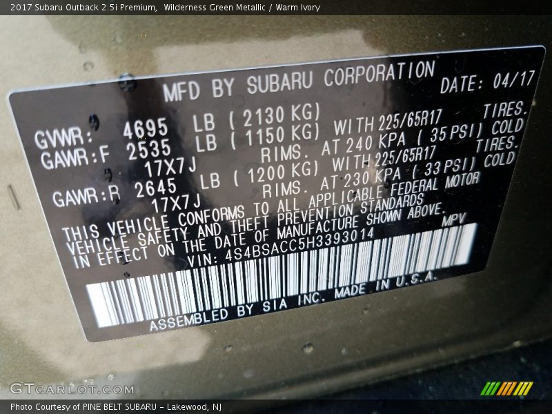 Wilderness Green Metallic / Warm Ivory 2017 Subaru Outback 2.5i Premium