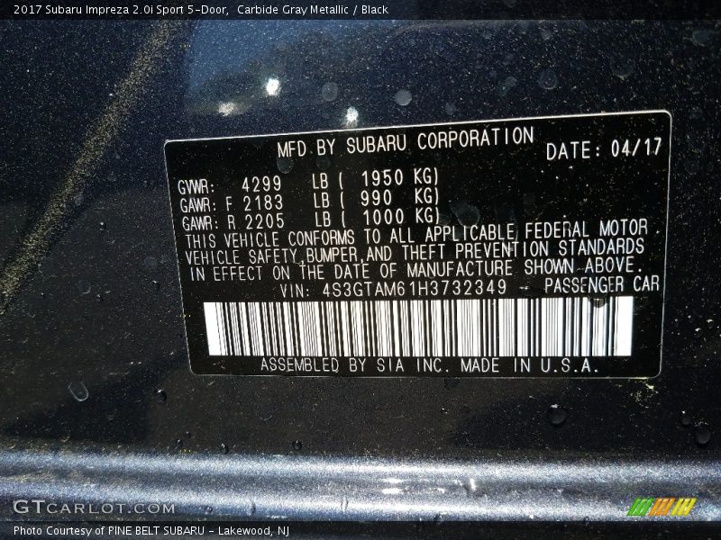 Carbide Gray Metallic / Black 2017 Subaru Impreza 2.0i Sport 5-Door