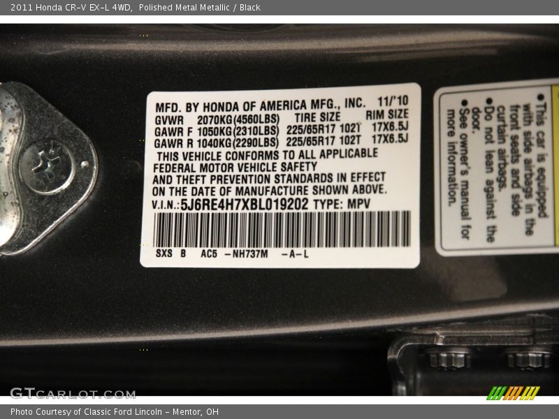Polished Metal Metallic / Black 2011 Honda CR-V EX-L 4WD