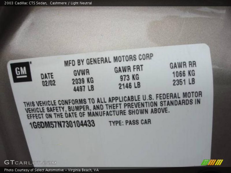 Cashmere / Light Neutral 2003 Cadillac CTS Sedan