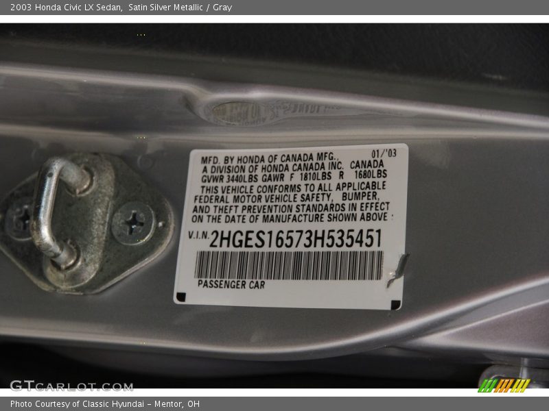 Satin Silver Metallic / Gray 2003 Honda Civic LX Sedan