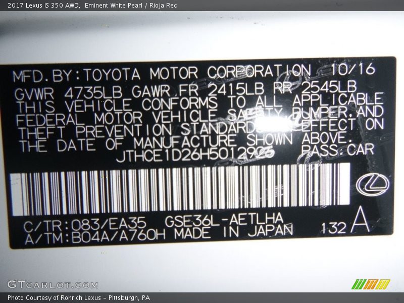 Eminent White Pearl / Rioja Red 2017 Lexus IS 350 AWD