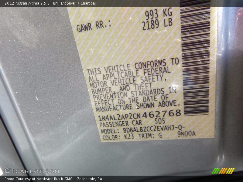 Brilliant Silver / Charcoal 2012 Nissan Altima 2.5 S