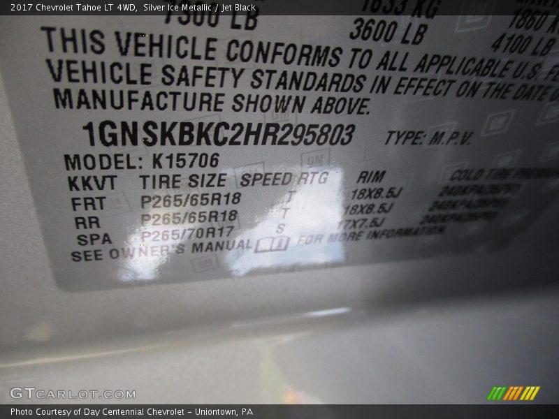 Silver Ice Metallic / Jet Black 2017 Chevrolet Tahoe LT 4WD
