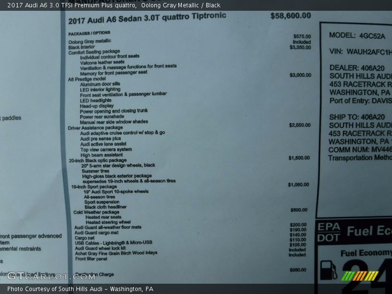 Oolong Gray Metallic / Black 2017 Audi A6 3.0 TFSI Premium Plus quattro