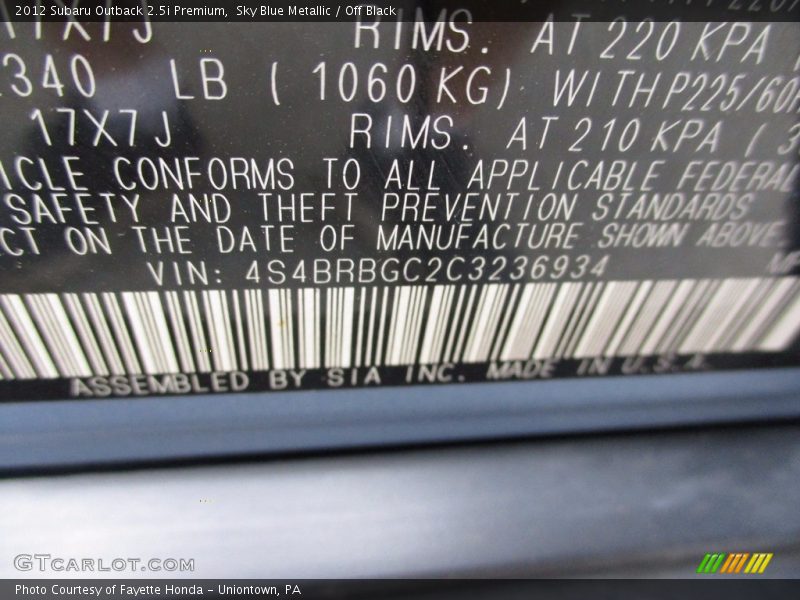 Sky Blue Metallic / Off Black 2012 Subaru Outback 2.5i Premium