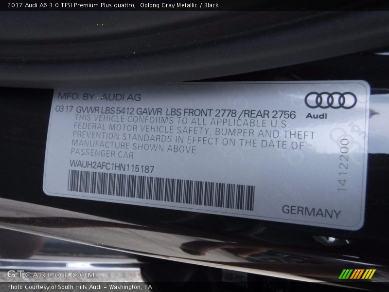 Oolong Gray Metallic / Black 2017 Audi A6 3.0 TFSI Premium Plus quattro