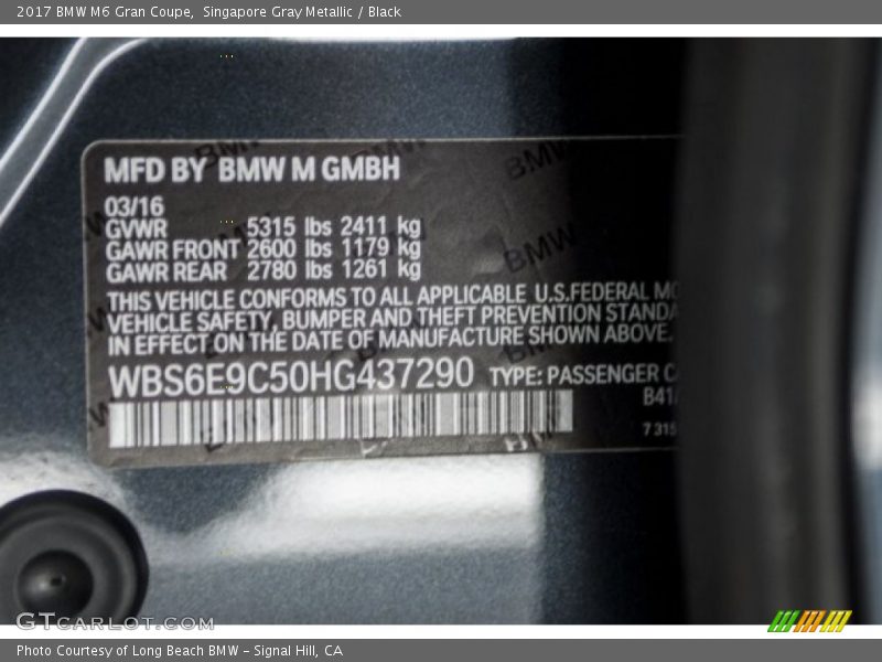Singapore Gray Metallic / Black 2017 BMW M6 Gran Coupe