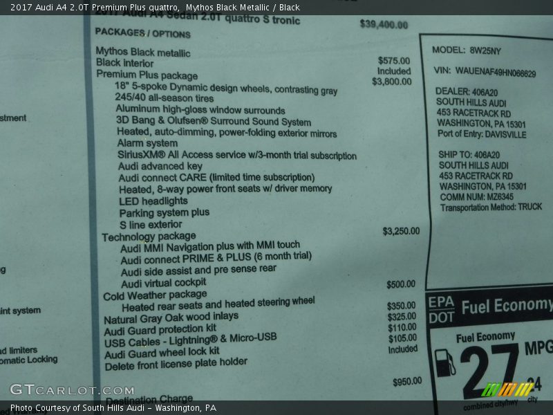 Mythos Black Metallic / Black 2017 Audi A4 2.0T Premium Plus quattro