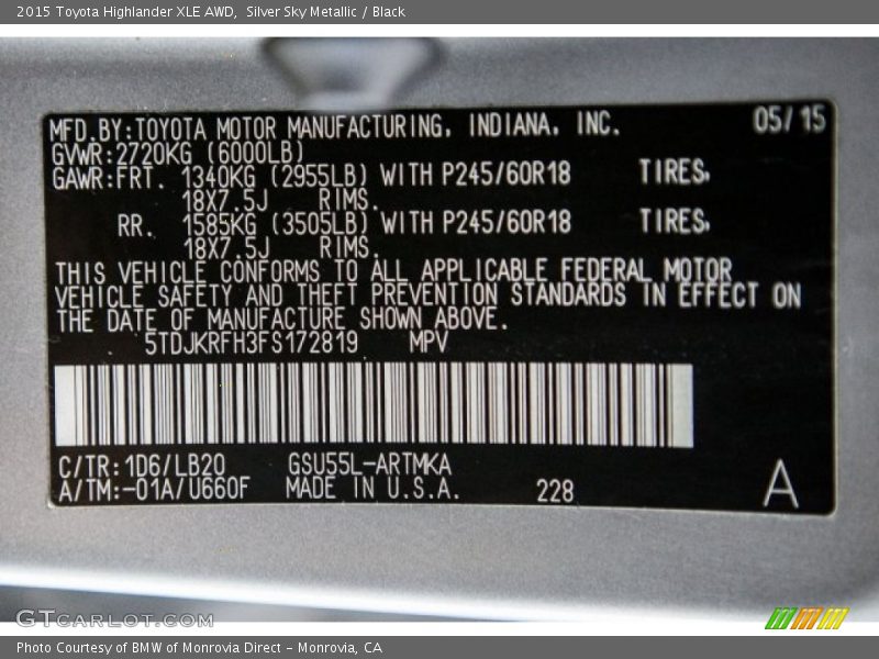 Silver Sky Metallic / Black 2015 Toyota Highlander XLE AWD