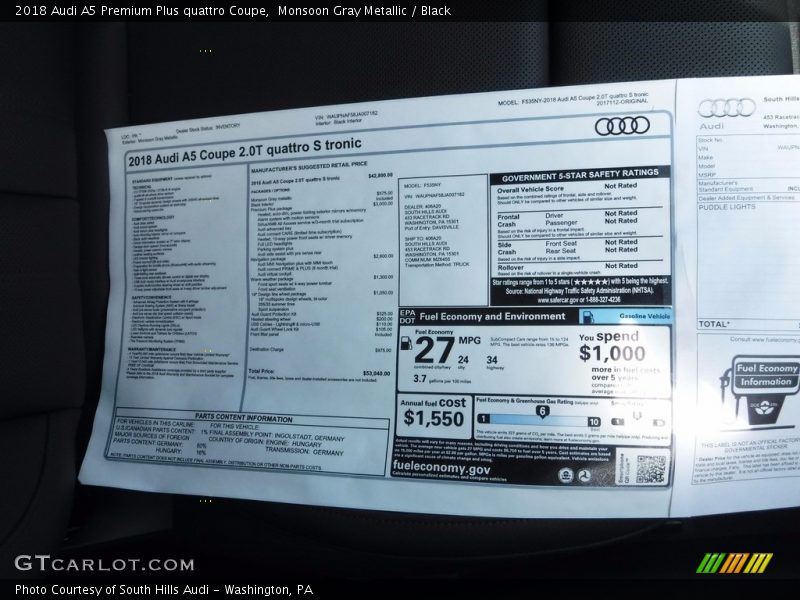  2018 A5 Premium Plus quattro Coupe Window Sticker