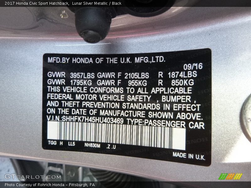 Lunar Silver Metallic / Black 2017 Honda Civic Sport Hatchback