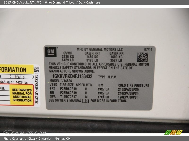 White Diamond Tricoat / Dark Cashmere 2015 GMC Acadia SLT AWD